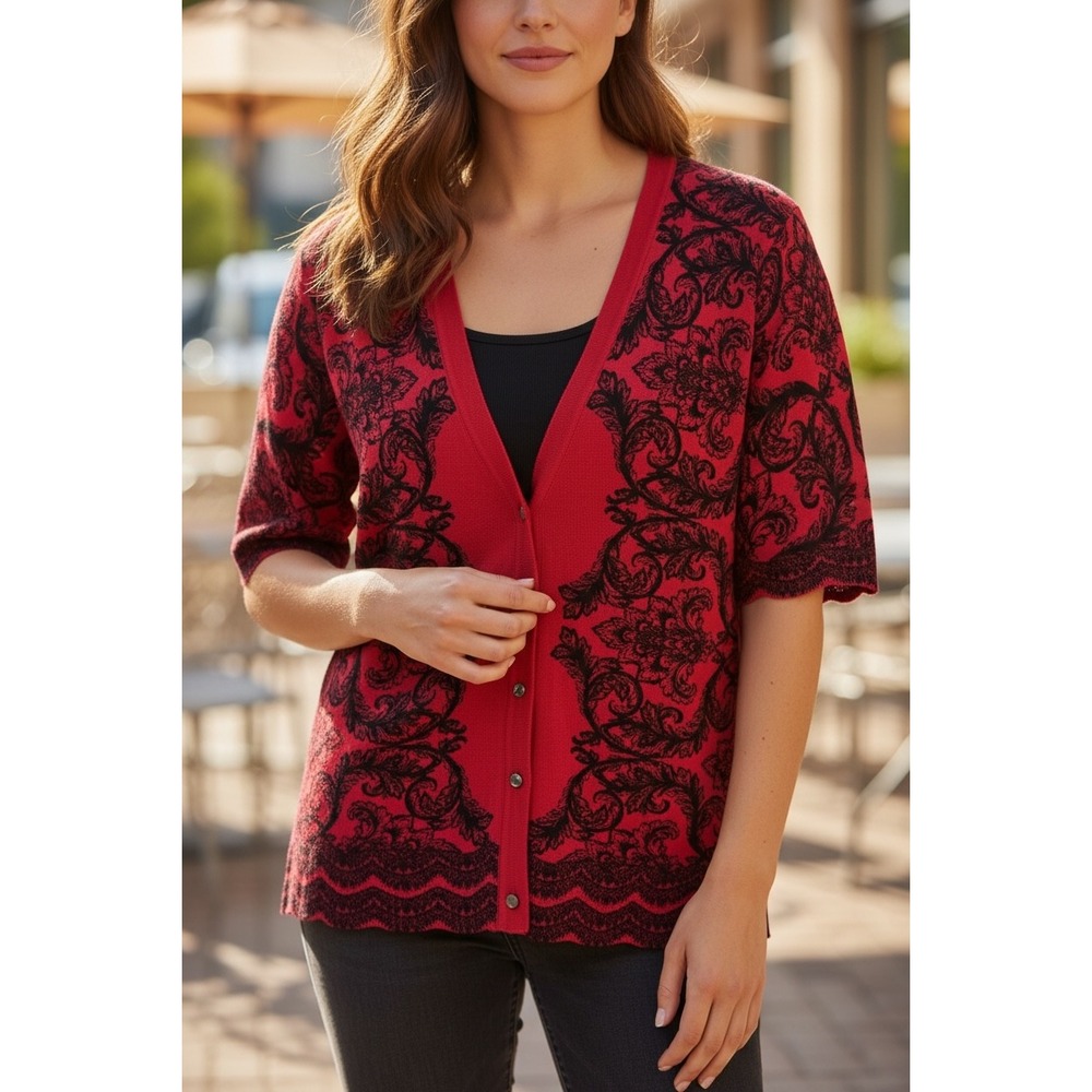 Karen Scott Women's Red Black‎ Damask Scroll Jersey Cardigan Sweater XXL NWT
